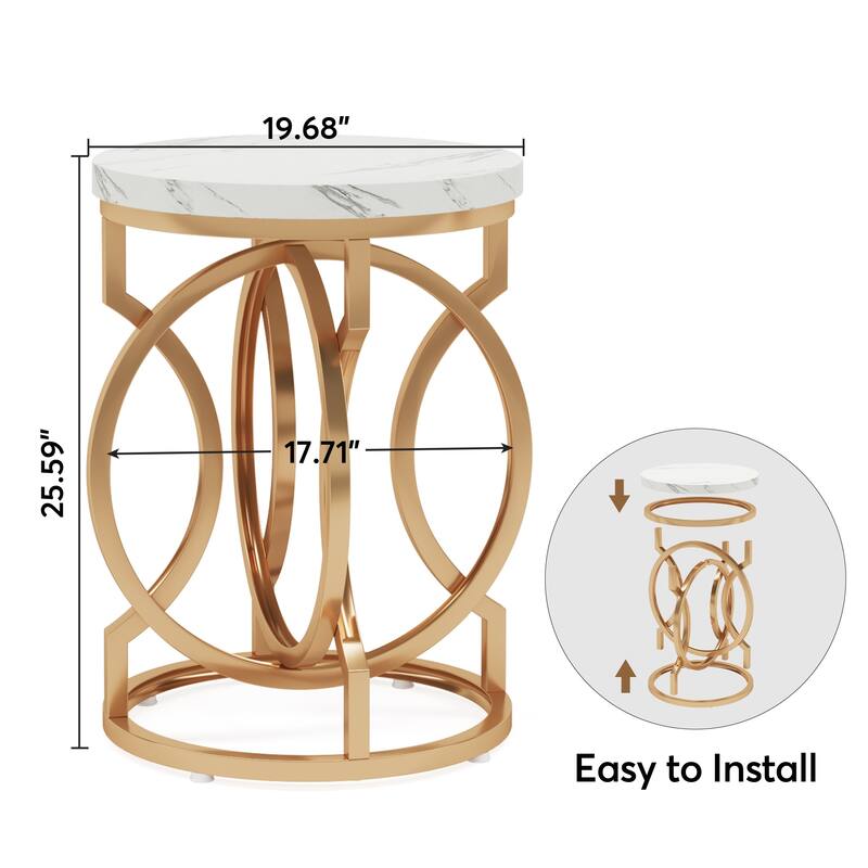 20"Round End Table with Faux Marble Top, Modern Accent Side Table with Gold O-Shaped Base, Nightstand for Living Room & Bedroom