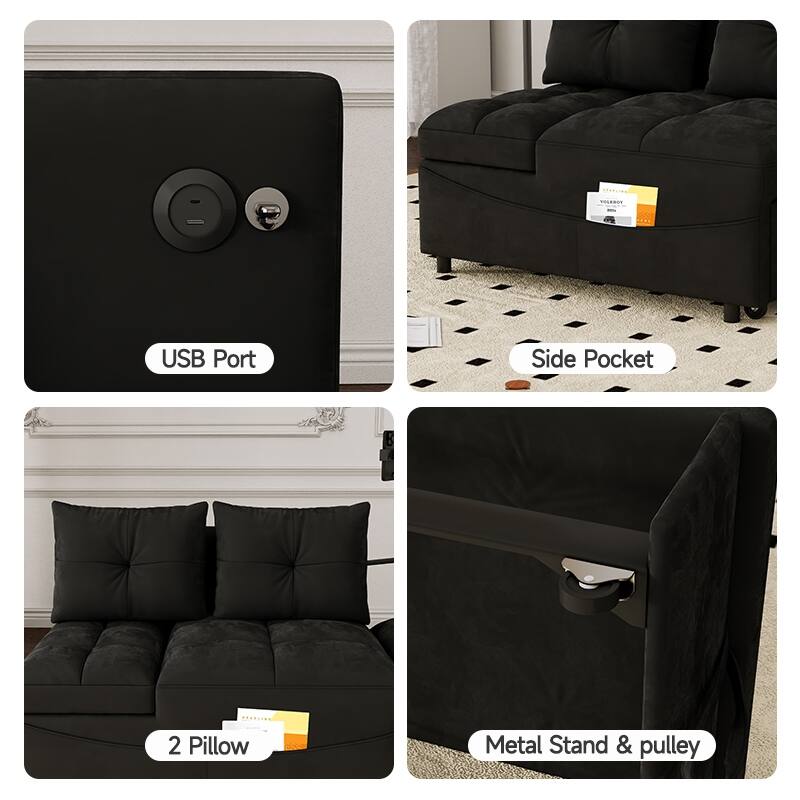 27.56" Velvet 2-Seater Sleeper Sofa Chair with USB Ports, Reclining Angles And Storage