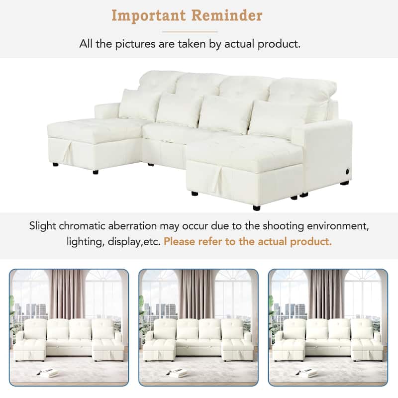 Classic U Shaped Sectional Sofa with Chenille Upholstery and Pull Out Bed and Storage Chaise for Guest Ready Living Rooms