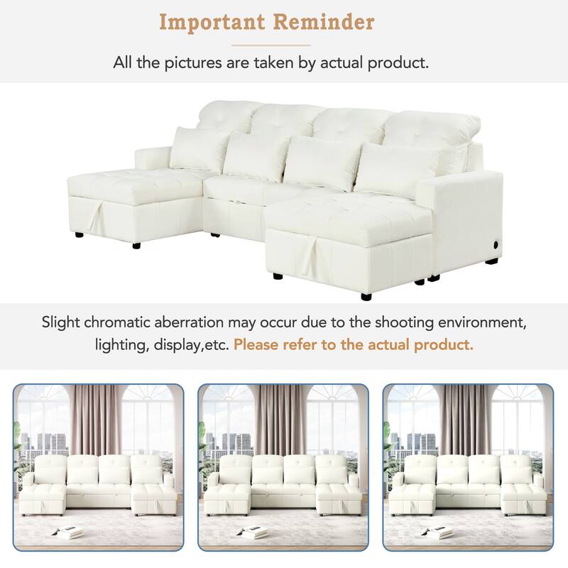 U-shaped Sofa Pull-out Sofa Bed, Modular Sectional Sofa with 2 Storage Chaise Lounges and 2 USB Ports for Living Room