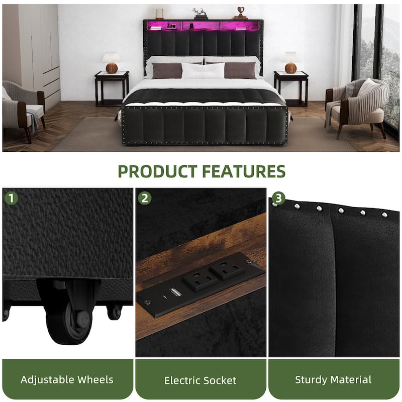 Velvet Upholstered Platform Bed with 4 Storage Drawers and RGB LED Lights&Charging Station