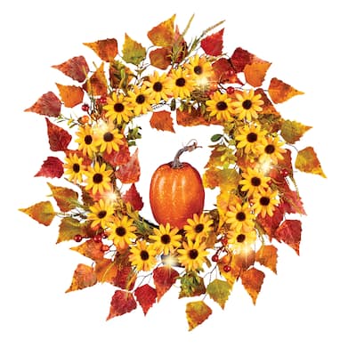 LED Lighted Fall Colorful Floral Pumpkin Hanging Wreath