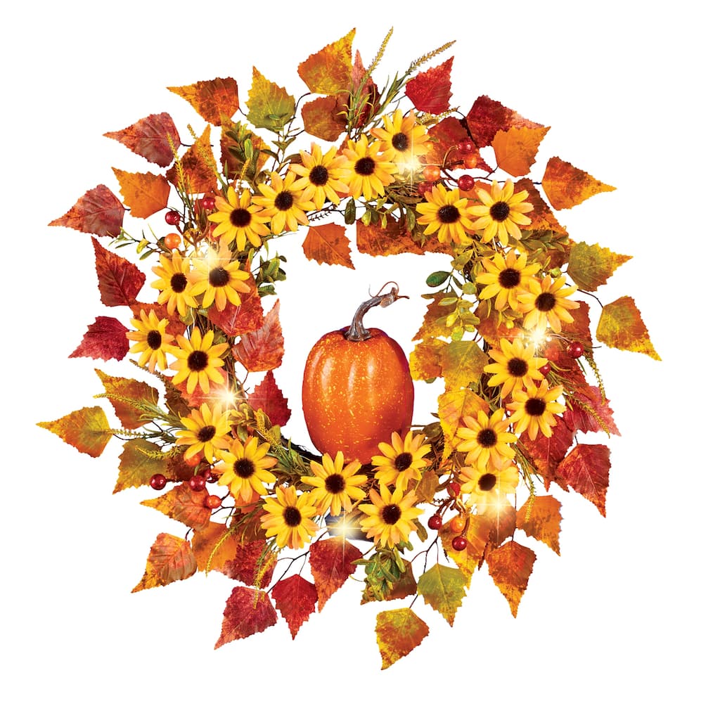 LED Lighted Fall Colorful Floral Pumpkin Hanging Wreath