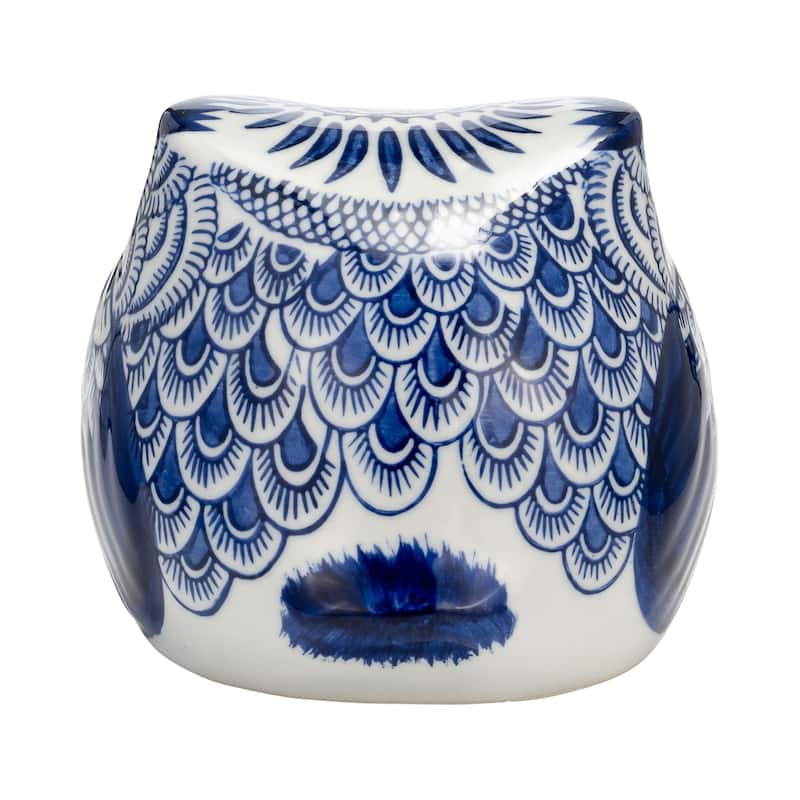 Ceramic Chinoiserie Handpainted Owl Figurine - Blue