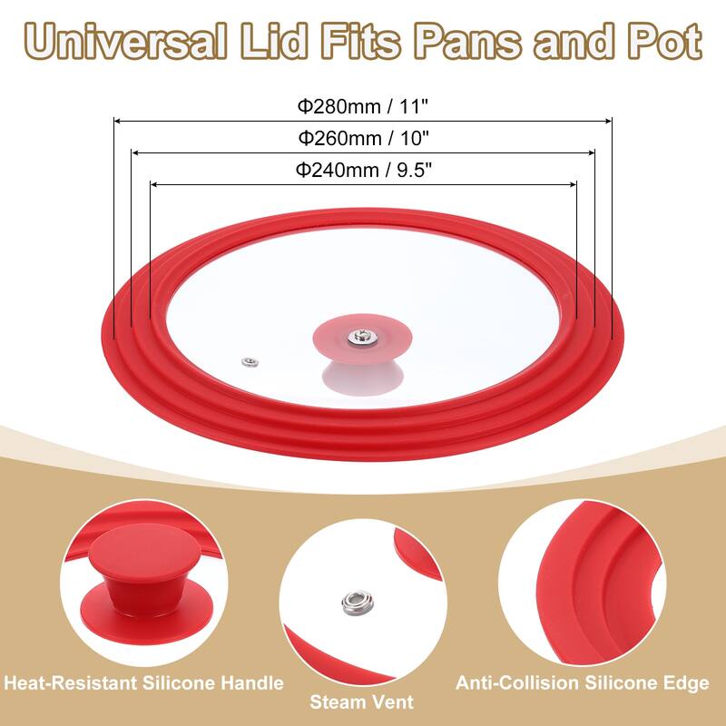 1 Pcs Universal Lid for Pot Pans Cookware - Red - Fit 9.5, 10, 11 Inch