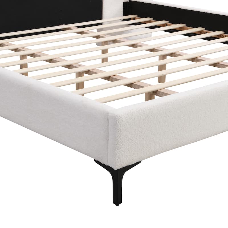 Linen Upholstered Frame Wingback Bed Built-in Lights and Shelves