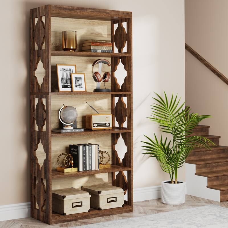 6-Tier Bookcase, 70-Inch Tall Freestanding Bookshelf with Hollow Patterns - Brown(1PC)