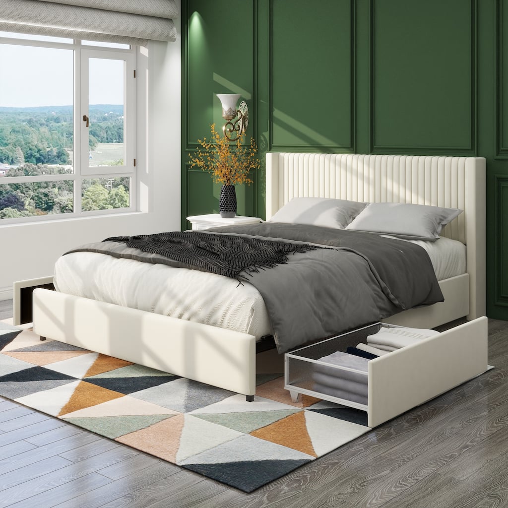 Modern Queen Platform Bed with Vertical Channel Tufted Wingback Headboard, Storage Drawers, No Box Spring Needed