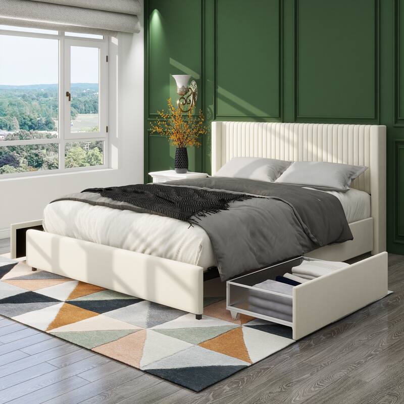 Queen Size Velvet Upholstered Storage Bed with 2 Built-in Drawers and Modern Headboard