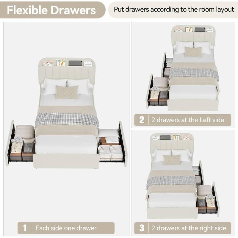 Bed Frame with 2 Drawers, Boucle Upholstered