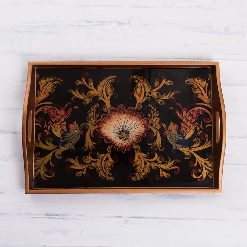 Novica Handmade Nightfall Flowers Reverse Painted Glass Tray