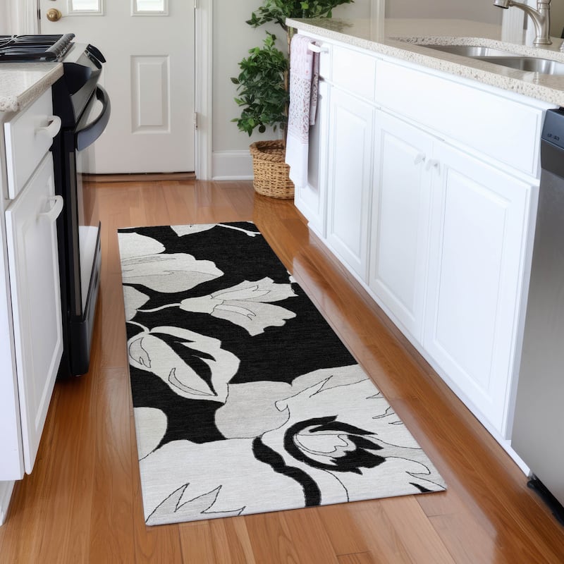 Premium Washable Super Soft Modern Floral Mayfield Rug - Black - 2'3" x 7'6"