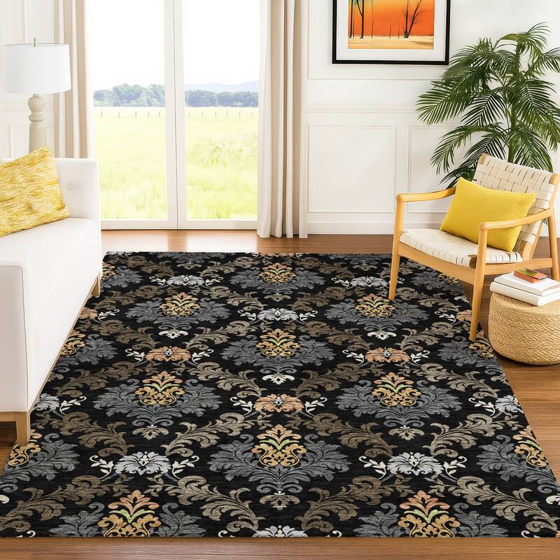 Machine Washable Indoor/ Outdoor Damask Patna Chantille Rug