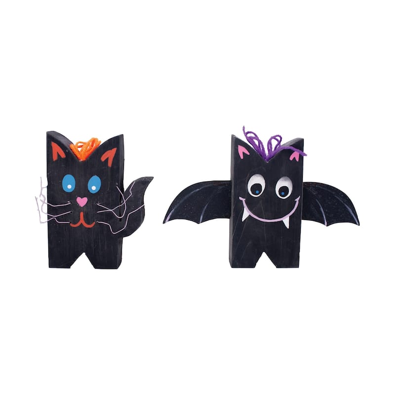 Wood Carved Bat & Cat A/2 Halloween Figure