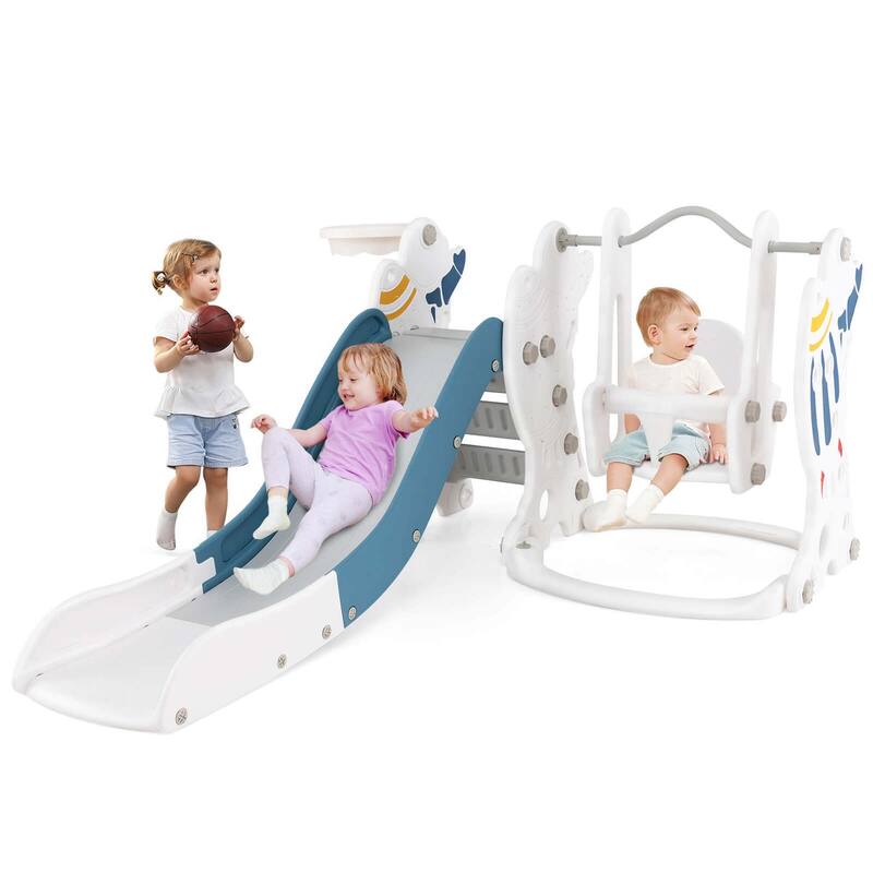 4-in-1 Toddler Slide and Swing Set Indoor Playground - Blue+White