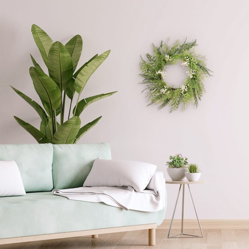 24" Artificial Babysbreath Floral Spring Wreath With Green Leaves