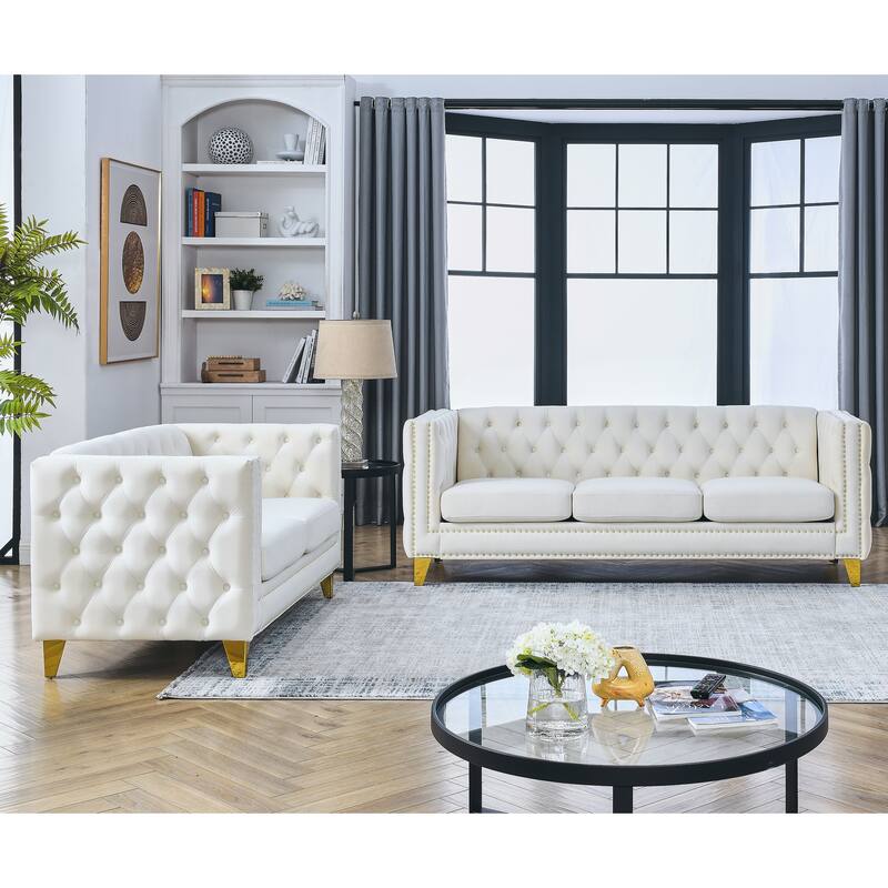 3-Seater + 2-Seater Velvet Chesterfield Sofa Set with Button Tufting and Nailhead Trim, Elegant Living Room Couch