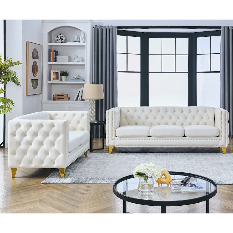 Roomfitters 5-Seater Velvet Sofa Set, 3+2 Chesterfield Square-Arm Tufted Couches with Nailhead Trim and Gold Legs