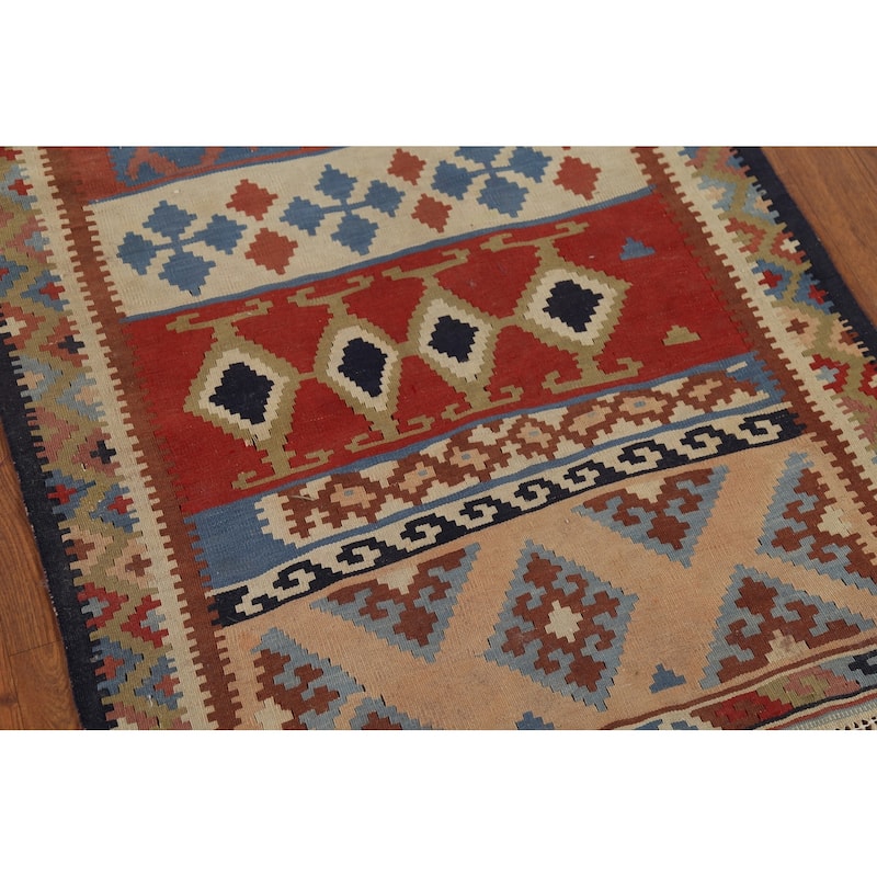 Vegetable Dye Kilim Qashqai Persian Antique Runner Wool Carpet - 2'9"x 13'1"