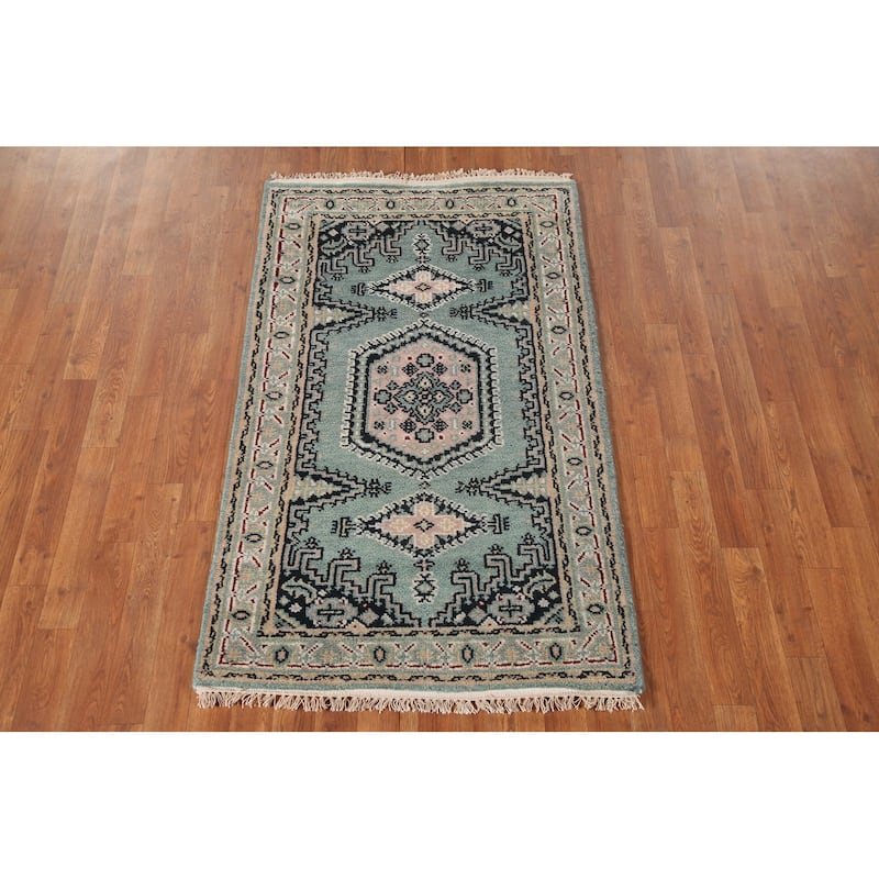 Geometric Heriz-Serapi Accent Rug Hand-Knotted Green Wool Carpet - 3'0"x 4'11"