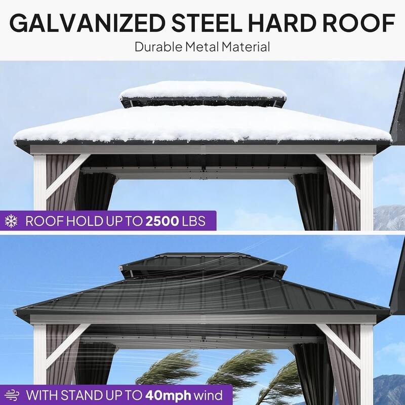 PURPLE LEAF Patio Hardtop Gazebo for Outdoor Grey Galvanized Steel Double Roof White Aluminum Poles