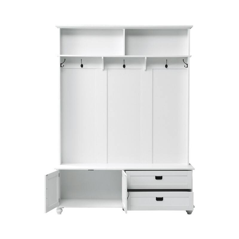 59"W Hall Tree Bench with 5 Coat Hooks,Storage Cabinet and 2 Large Drawers