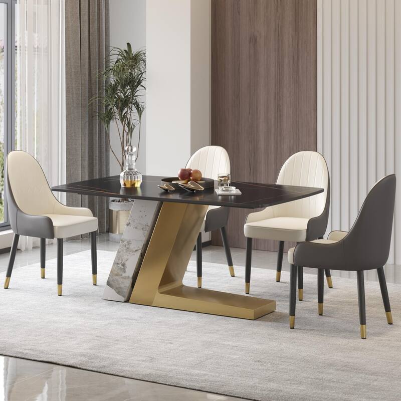 Rectangle Dining Table Faux Marble Tabletop Sintered Stone Panel with Stainless Steel Pedestal