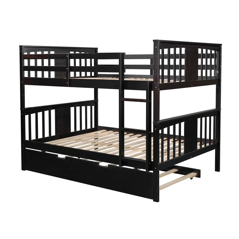 Space-Saving Full Over Full Bunk Bed with Twin Size Trundle, Ladder, and Guardrails, Ideal for Bedrooms and Guest Rooms
