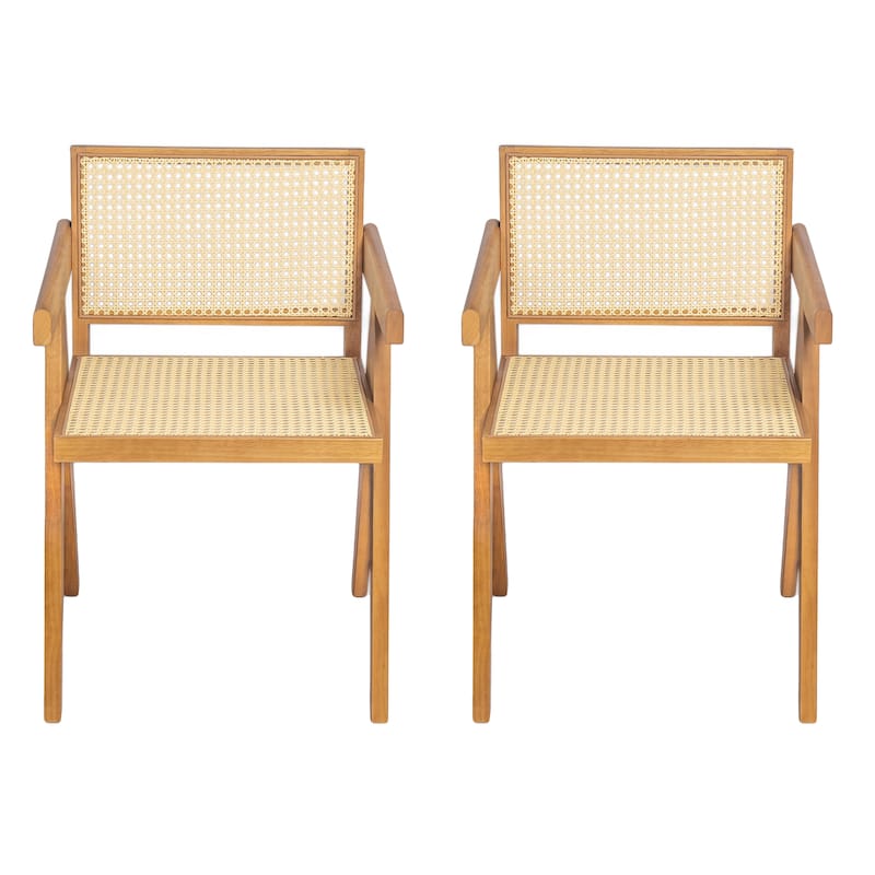 2-Piece Dining Room Arm Chairs Set with Square Rattan Backrest