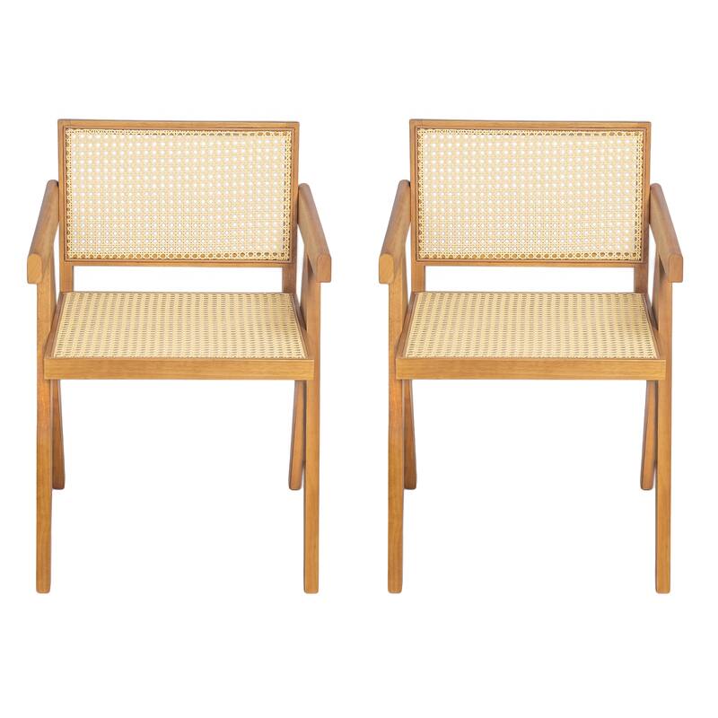 Roomfitters Chandigarh Solid Wood Dining Armchair with Natural Rattan Cane Back, Natural Set of 2