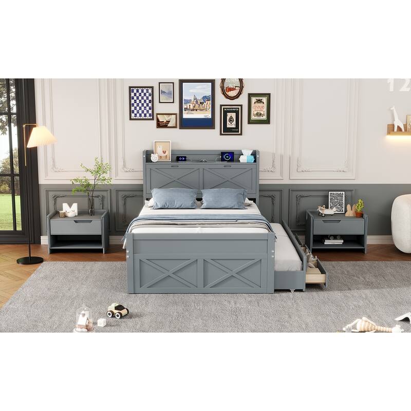 Extendable Wooden Platform Bed with Storage Headboard,Three Storage Drawers and Trundle
