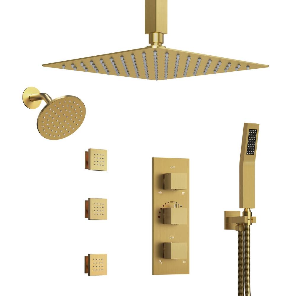 Thermostatic Dual Heads 12" Multi-Function Shower System with 3 Body Sprays