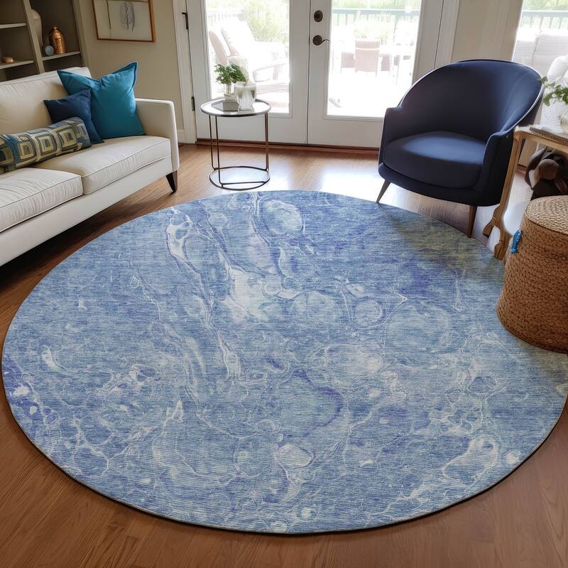 Machine Washable Indoor/ Outdoor Chantille Abstract Watercolor Rug - Sky - 8' x 8'