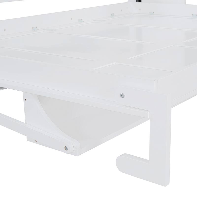 Queen Size Foldable Murphy Bed Wall Bed Convertible Desk with Storage, Bedroom Pine Wood Bed Frame, Modern Pull Down Bed