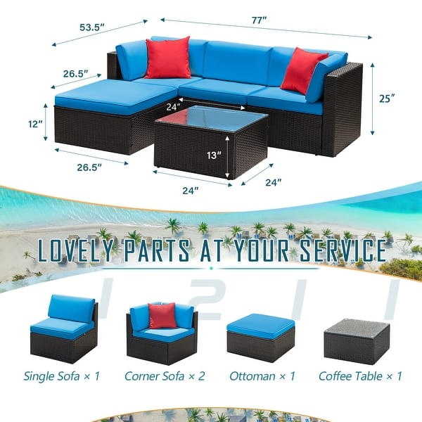 dimension image slide 4 of 8, Homall 5 Pieces Wicker Patio Furniture Sets Rattan Outdoor Sectional Sofa