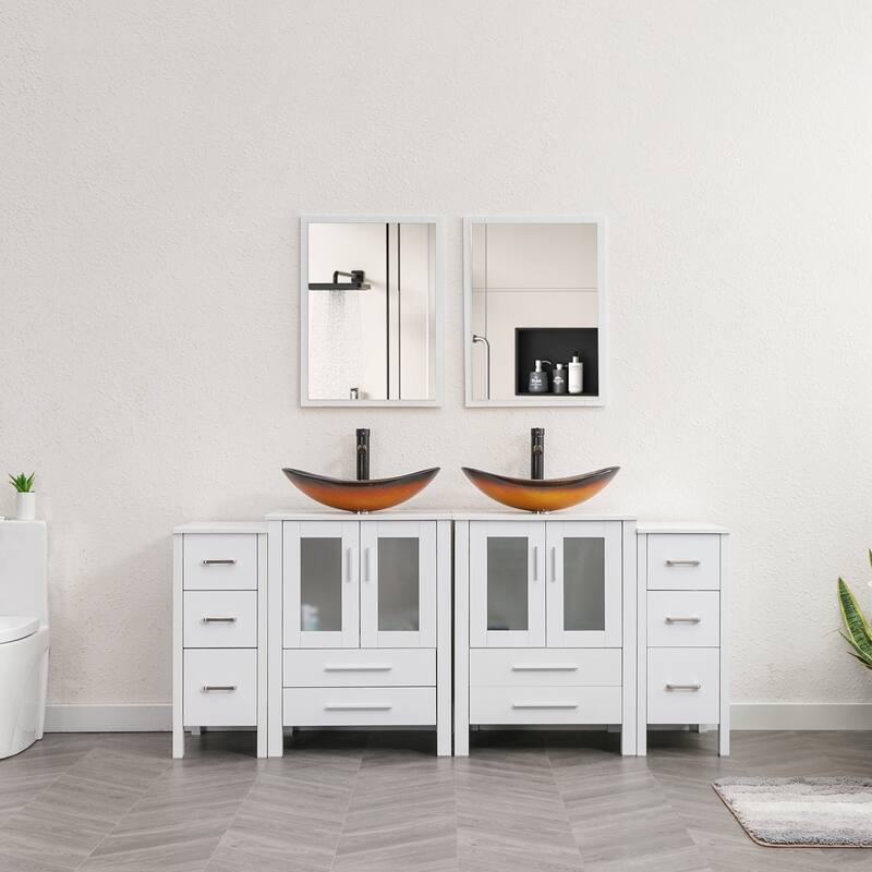 72" Bathroom Vanity Set Vessel Sink Cabinet Mirror Combo - White - Glass gold boat sink