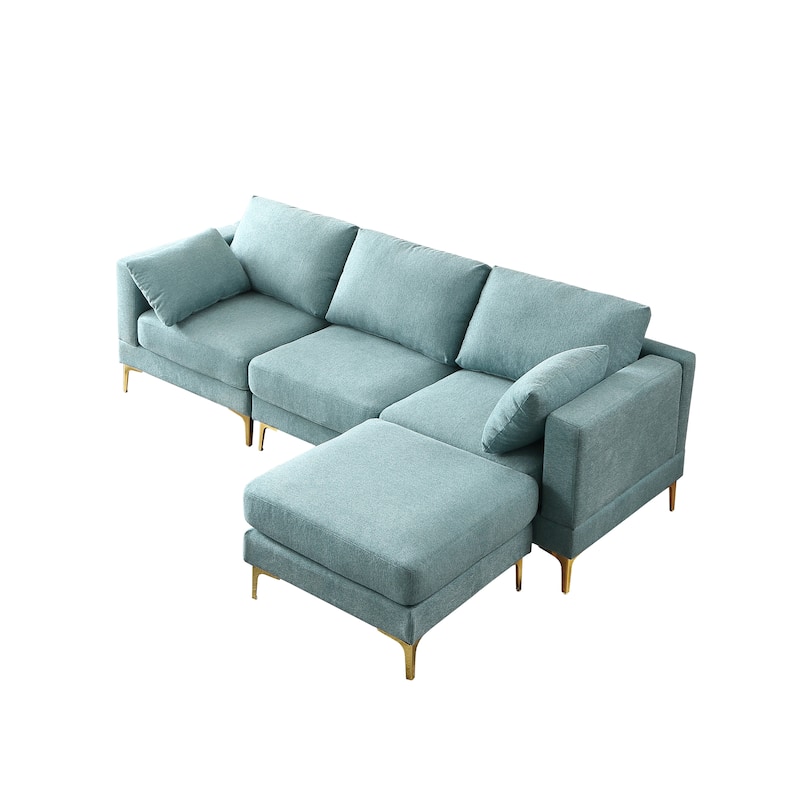 92'' Fabric L-Shape 3-Seater Sofa with Ottoman, Gold Metal Legs, and Toss Pillows