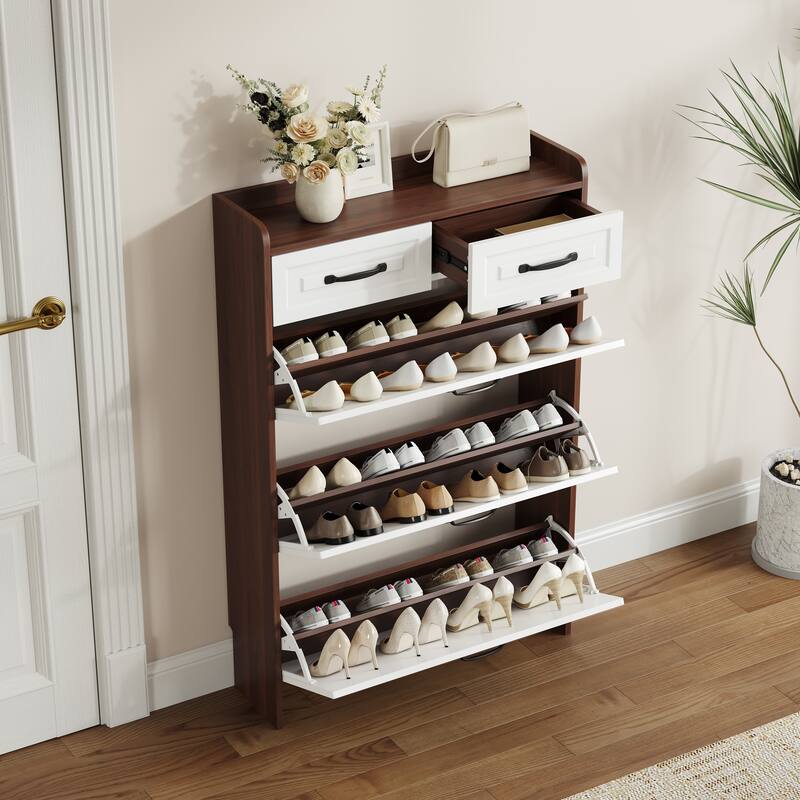 Wooden Shoe Storage Cabinet, Freestanding Shoe Rack Cabinet, Slim Narrow Shoe Cabinet with 3 Flip Drawers & 2 Storage Drawers