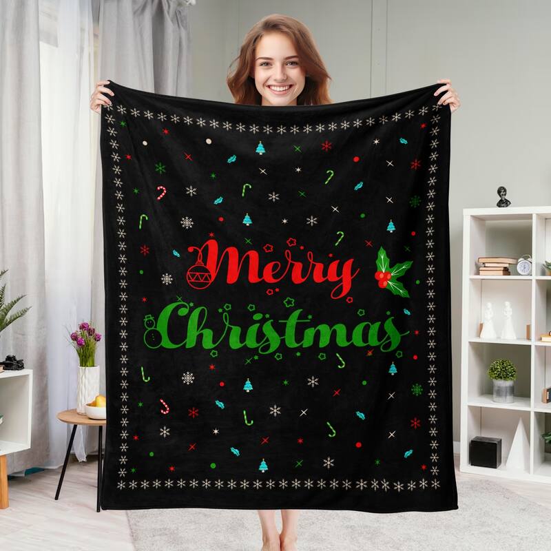 Christmas Prints Fleece Blanket Holiday Theme Fuzzy Warm and Cozy Throw Blanket - 60"x80" - Black