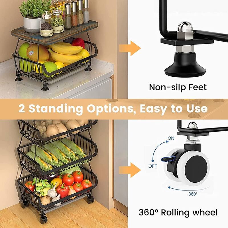 5/6-Tier Stackable Fruit Basket, Rolling Metal Cart with Wheels