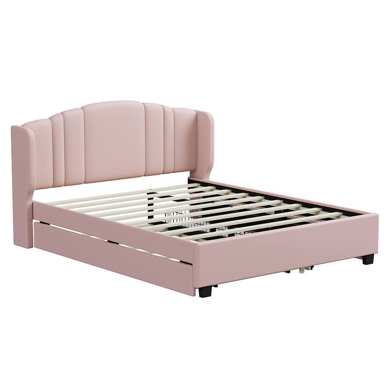 Contemporary Linen Upholstered Platform Bed, Queen Size, Includes Trundle Bed and Drawers, Wingback Headboard