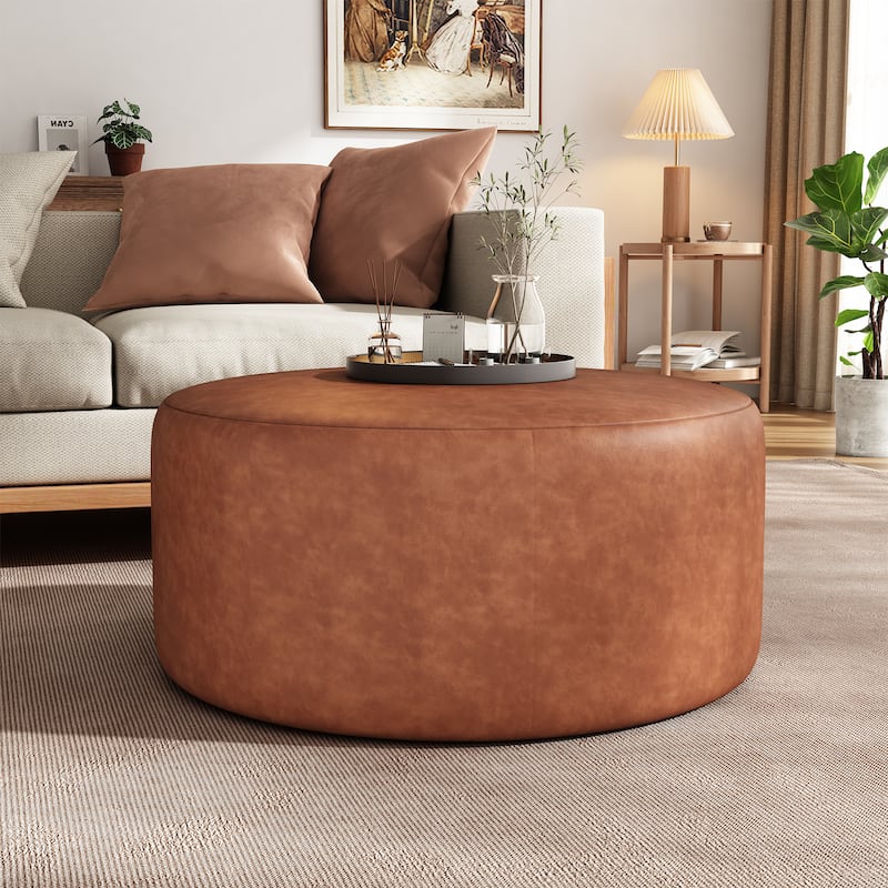 PU Leather Round Ottoman - Cognac Brown Upholstered Versatile Piece