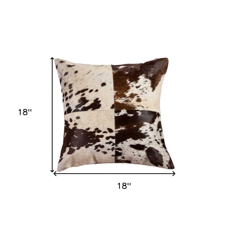 18" X 18" White and Brown Cowhide Pillow