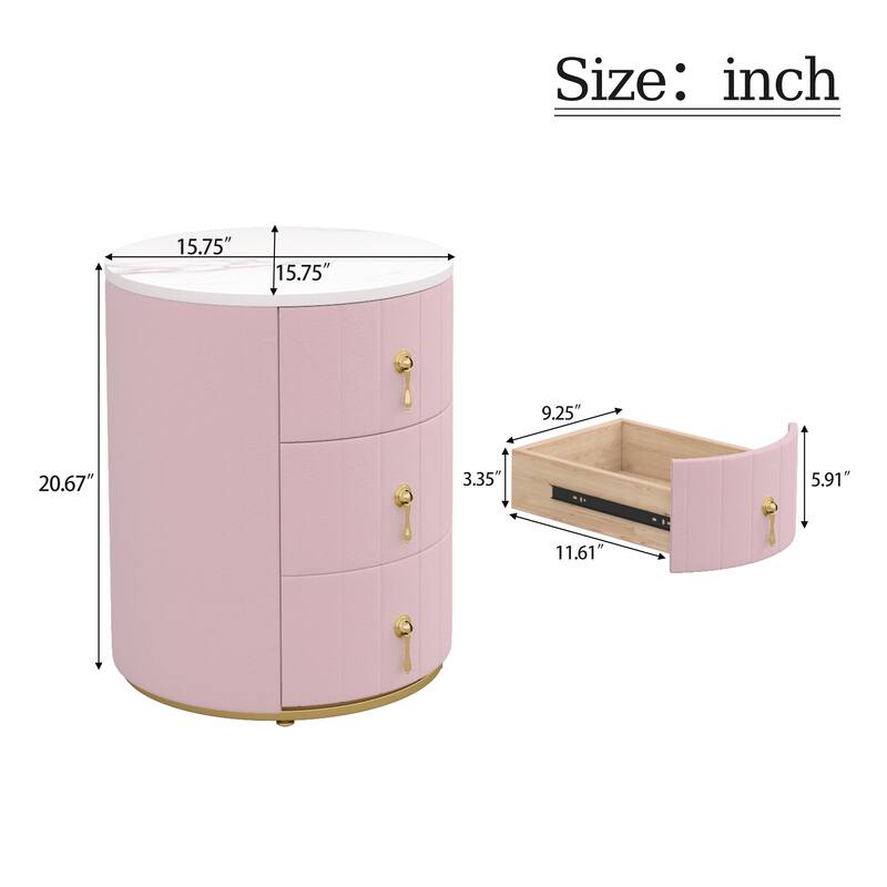 Upholstered 3-Drawer Nightstand - Round Marbling Top Bedside Table (Fully Assembled Except Handles, Pink)