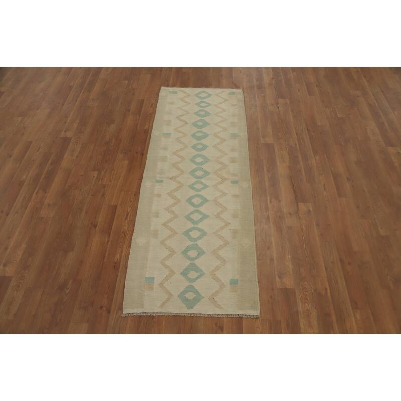 Hand Woven Oriental 100% Wool Carpet Southwestern Tribal Beige & Ivories Kilim Runner Rug - 5' 8'' X 2' 0''