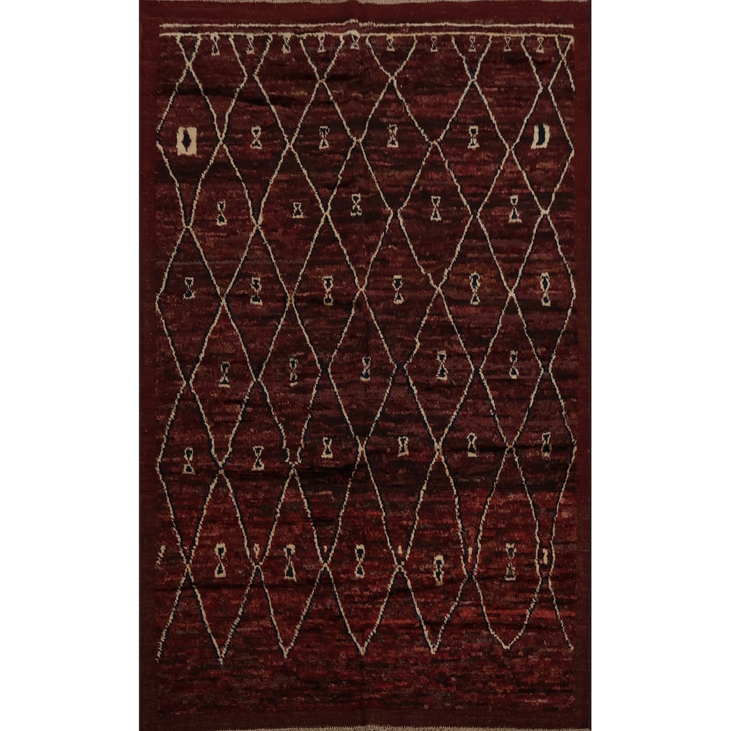 Hand Knotted Oriental 100% Wool Carpet Modern Geometric Red Moroccan Area Rug - 9' 11'' X 6' 10''