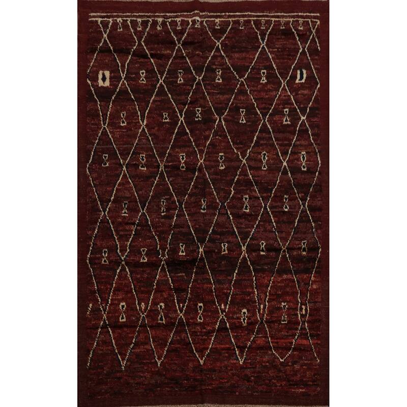 Hand Knotted Oriental 100% Wool Carpet Modern Geometric Red Moroccan Area Rug - 9' 11'' X 6' 10''