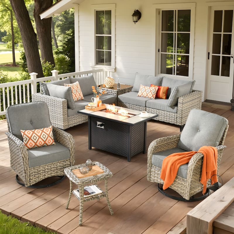 XIZZI 9-piece Patio Furniture Outdoor Wicker Chair Set with Fire Table - Dark Grey
