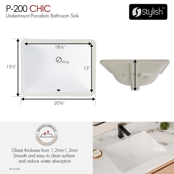 STYLISH 21x16 inch Porcelain Rectangular Undermount Vanity Sink