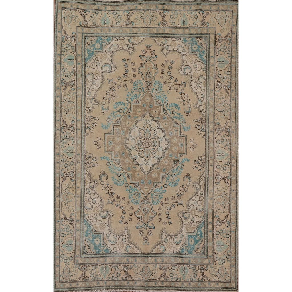 Distressed Tabriz Persian Vintage Rug Geometric Handmade Wool Carpet - 6'5" x 9'4"